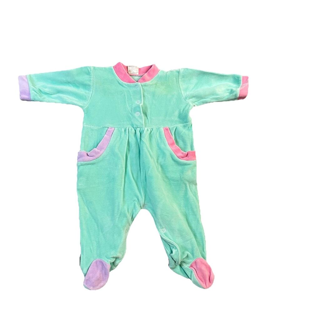 Vintage Velour Romper Sleeper Snap Button Pastel Green Pink Baby Size 0-6M